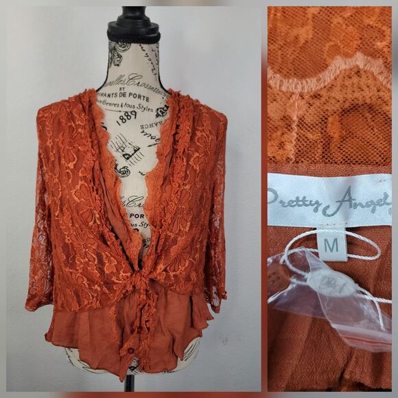 NWT Pretty Angel Top Sz Medium Lace Overlaid Semi Sheer Orange Rust Boho Sheer - Picture 1 of 13